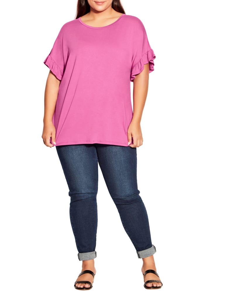 Front of a model wearing a size 18 TOP RIA FRILL in Orchid by avenue. | dia_product_style_image_id:295779